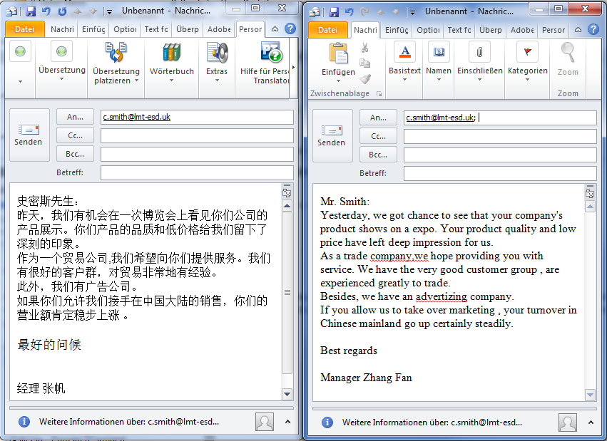 Screenshot Personal Translator: Chinesische E-Mail ins Englische