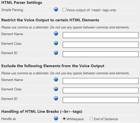 Voice Reader Web 15 Configuration - HTML Parser