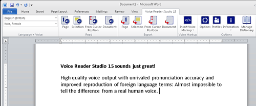 Screenshot Voice Reader Studio 15 - Direct Integration in MS Word, Outlook and PowerPoint