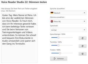 Voice Reader Studio Text to Speech Demo: Stimmen testen 